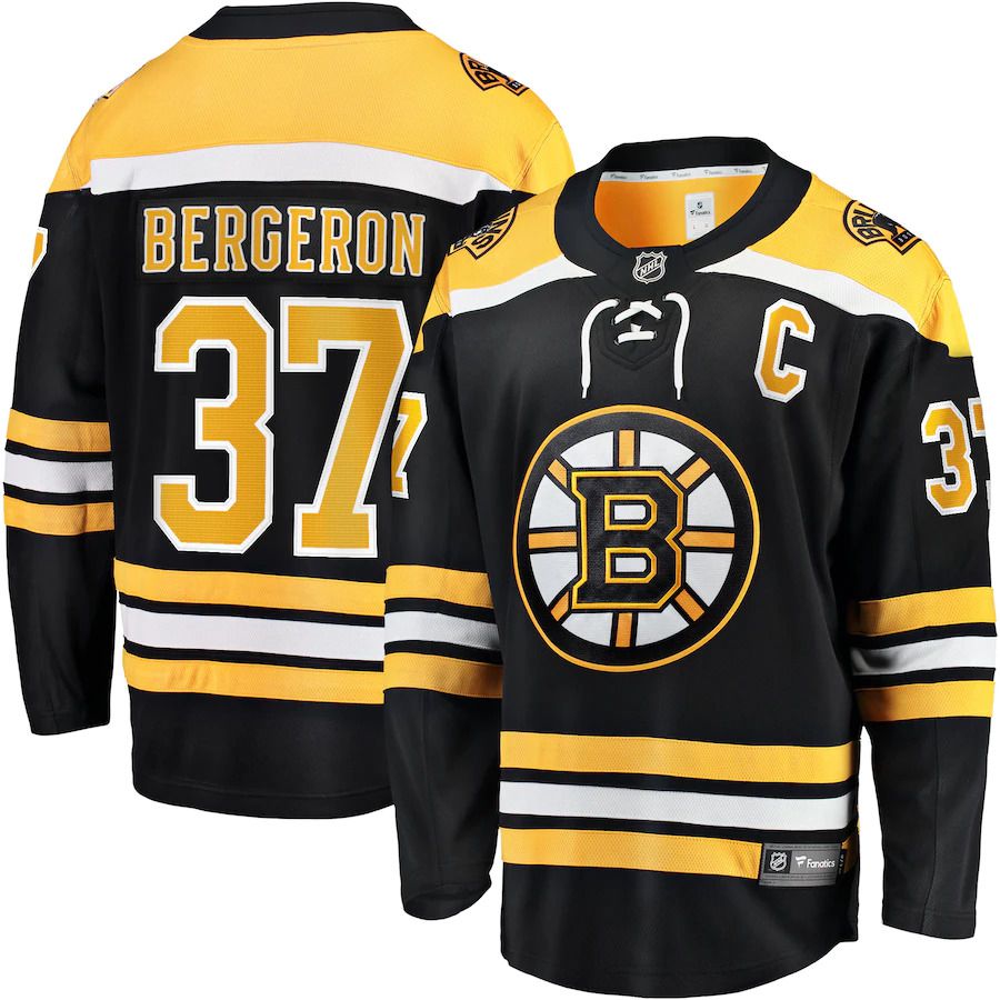 Men Boston Bruins #37 Patrice Bergeron Fanatics Branded Black Home Captain Premier Breakaway Player NHL Jersey